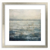 Abstract landscape wall art framed in a sleek silver frame with a white mat, showcasing vibrant colors and intricate textures, perfect for modern home decor.
