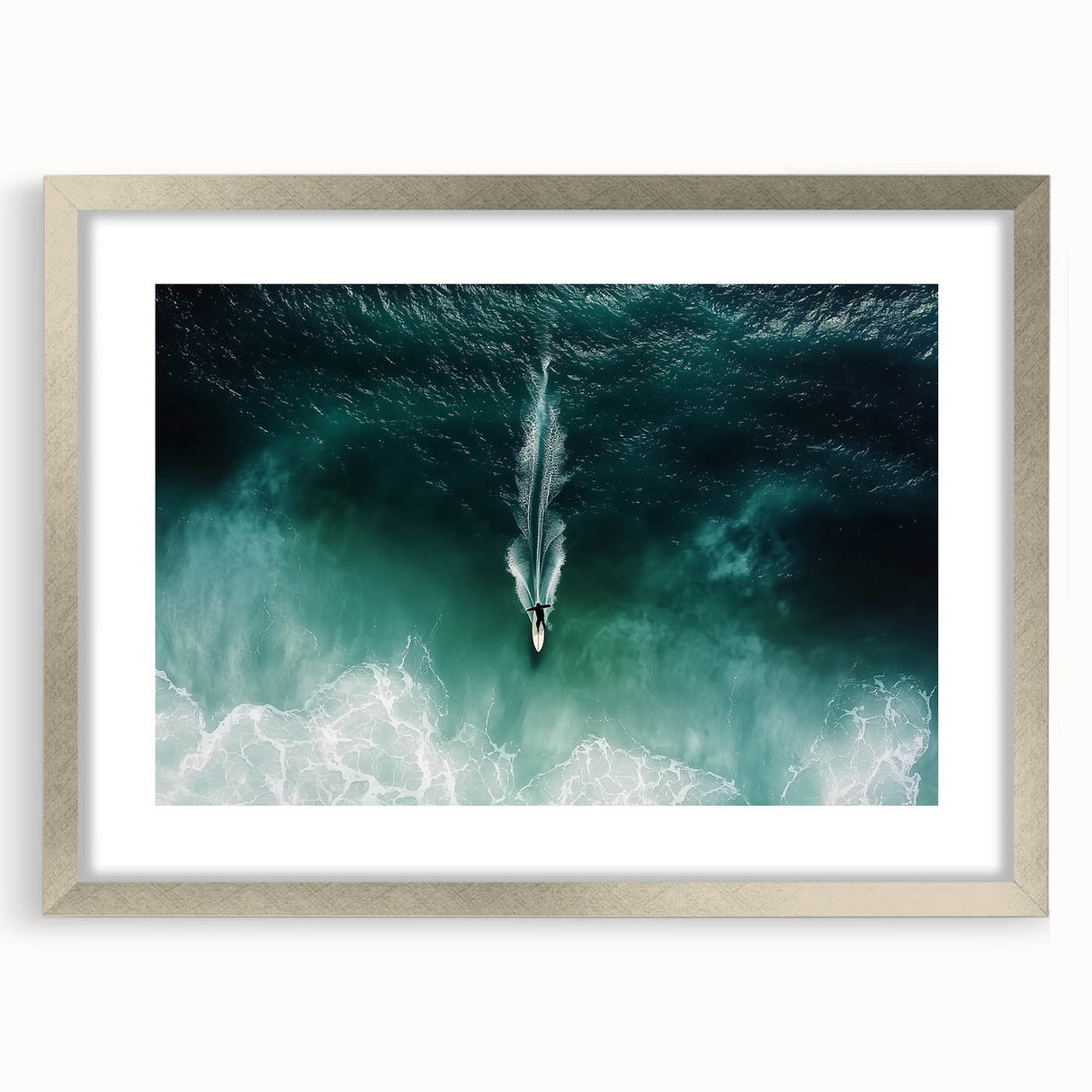 Silver-framed landscape artwork depicting serene beaches, featuring a white mat for contrast, ideal for home decor or beach-themed interiors.