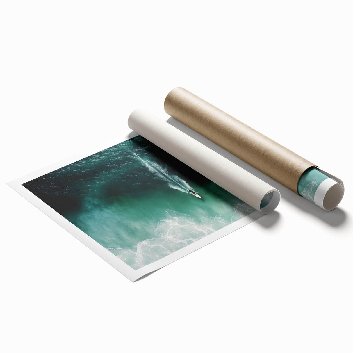 Serene landscape print of a beach scene showcasing soft waves and golden sand, rolled and protected in a sturdy cardboard tube for easy transport. Ideal for coastal decor enthusiasts.