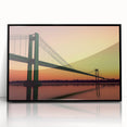 Framed acrylic artwork of a landscape bridge, showcasing vivid colors and intricate details, set against a black frame, perfect for enhancing modern decor.