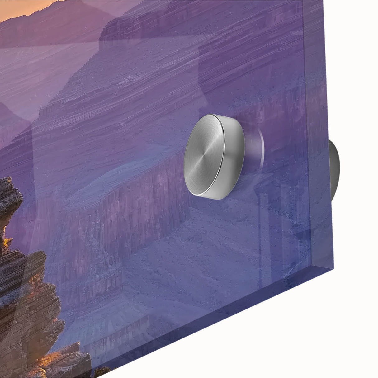 Close-up view of a vibrant acrylic glass landscape artwork depicting colorful canyons, showcasing intricate details and rich textures, ideal for modern home decor.