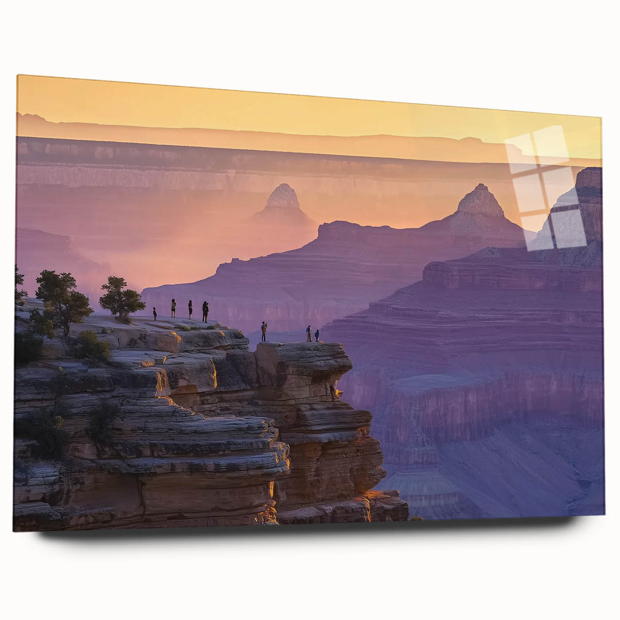 Acrylic glass artwork showcasing a stunning landscape of canyons, viewed from the side, emphasizing vibrant colors and intricate details, perfect for modern decor.