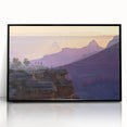 Framed acrylic artwork depicting a stunning landscape of canyons in rich earthy tones, showcasing dramatic cliffs and serene skies, perfect for home decor.
