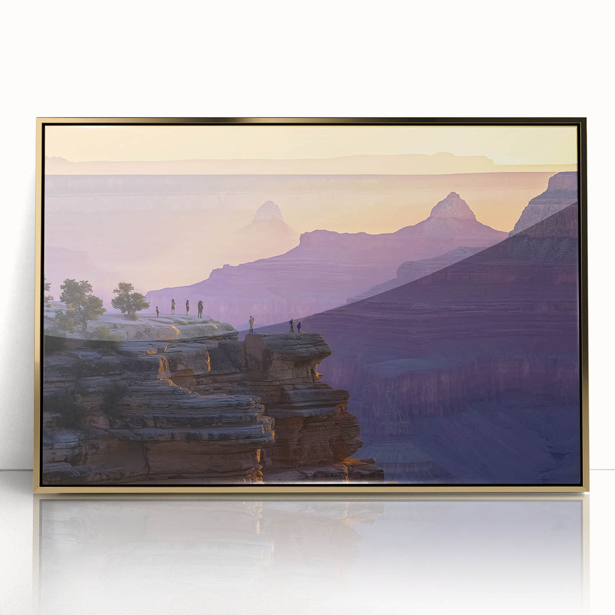 Framed acrylic artwork depicting a vibrant landscape of canyons in gold tones, perfect for elevating modern home décor. Ideal for art enthusiasts and collectors.
