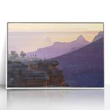 Framed acrylic landscape artwork depicting vibrant canyons in rich hues of red and orange, set in a sleek white frame, ideal for modern home decor.