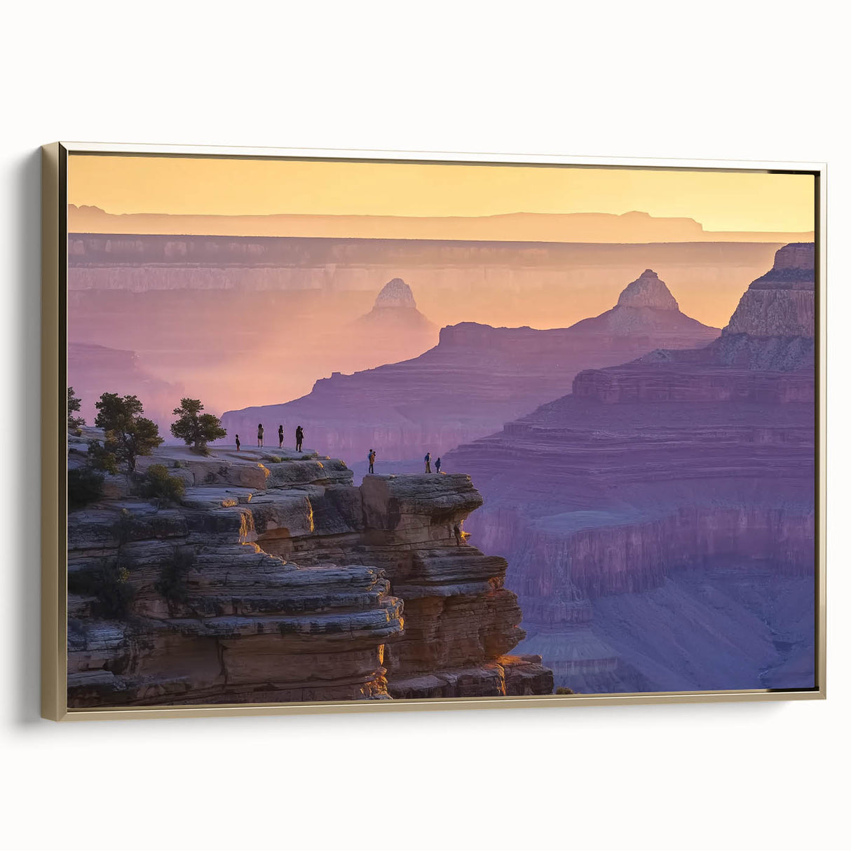 Framed canvas artwork depicting a stunning landscape of canyons with rich golden hues, showcasing intricate details and textures, perfect for home decor.