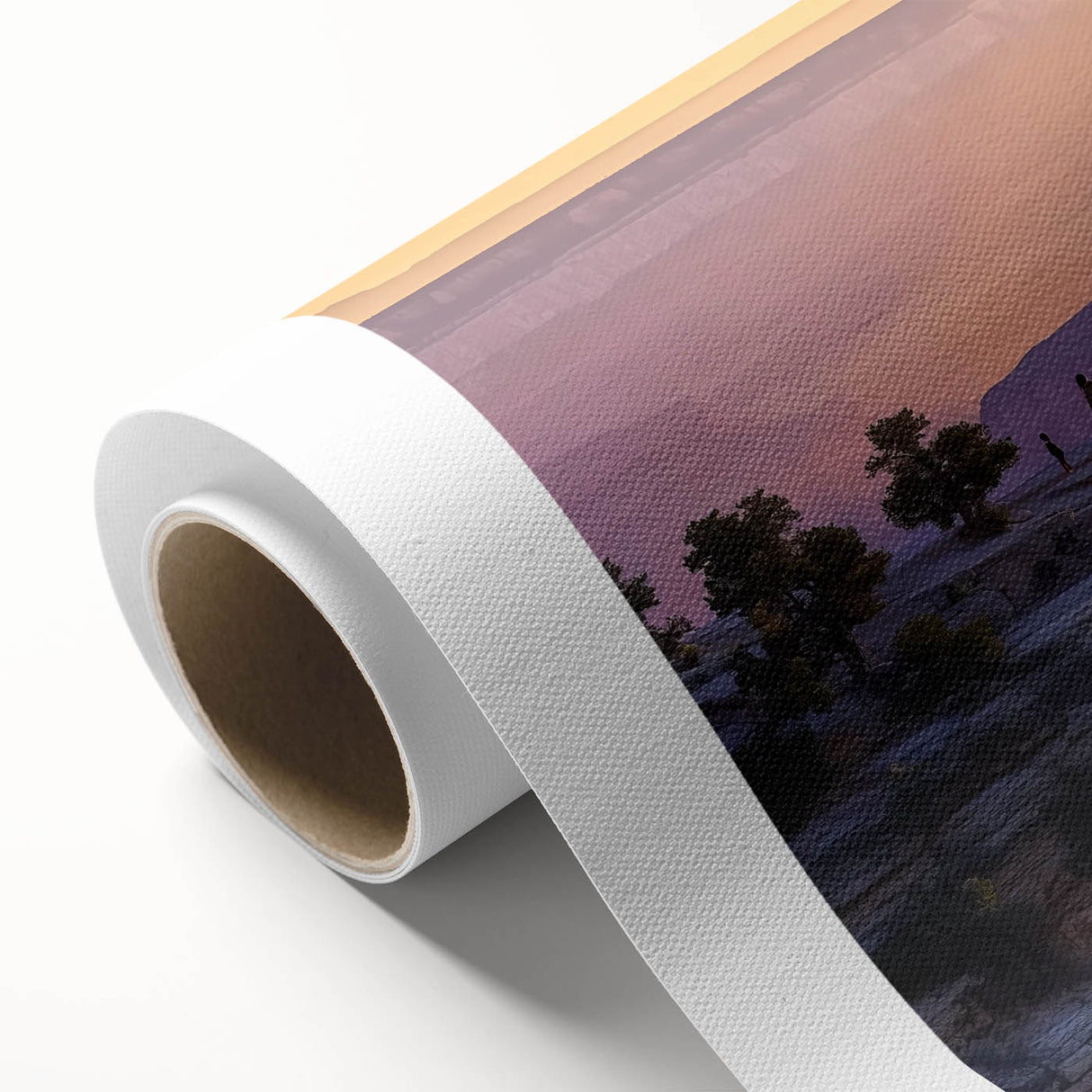 Stunning landscape canvas print showcasing vibrant canyons in warm earth tones, elegantly rolled and packaged in a protective tube, perfect for home decor enthusiasts.