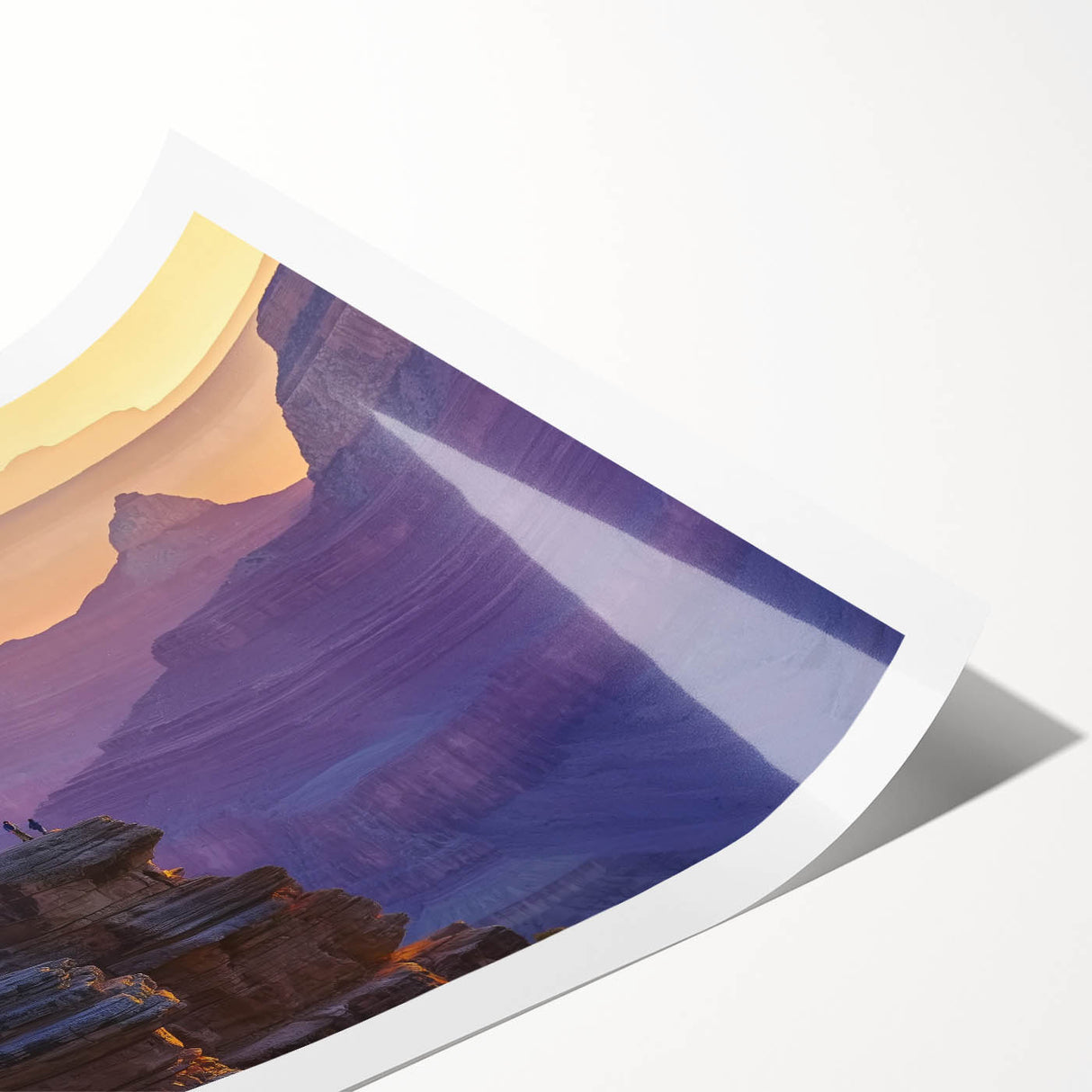 Rolled print of a stunning landscape featuring majestic canyons in warm earth tones, elegantly packaged in a protective cardboard tube for easy display. Perfect for nature enthusiasts and home decor lovers seeking unique art pieces.