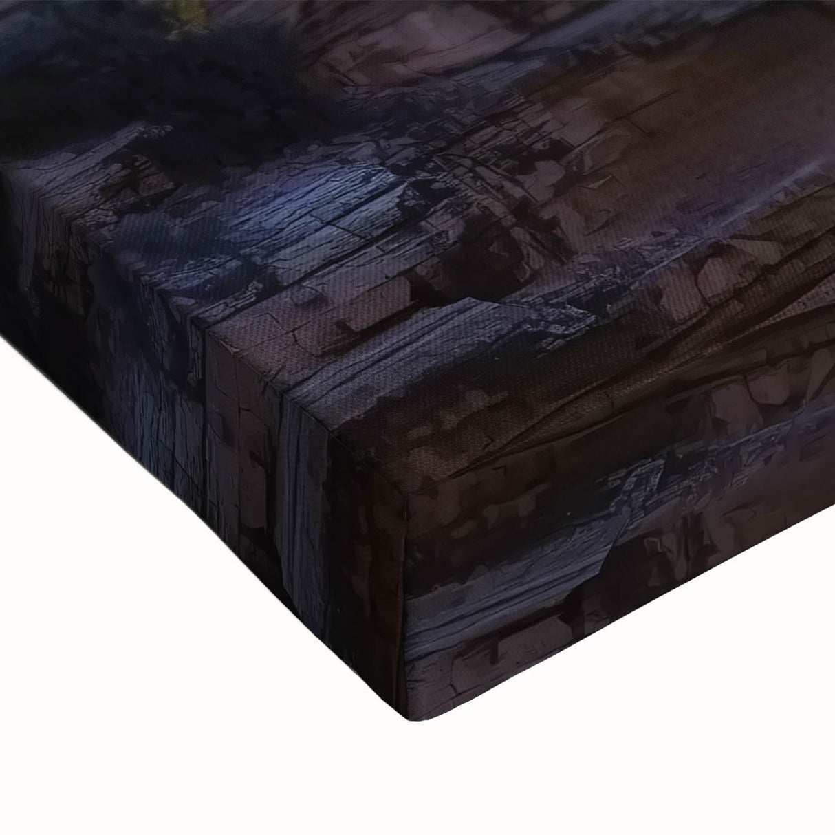 Close-up of a stretched canvas artwork depicting vibrant landscape canyons, showcasing rich colors and intricate details, ideal for home decor enthusiasts.