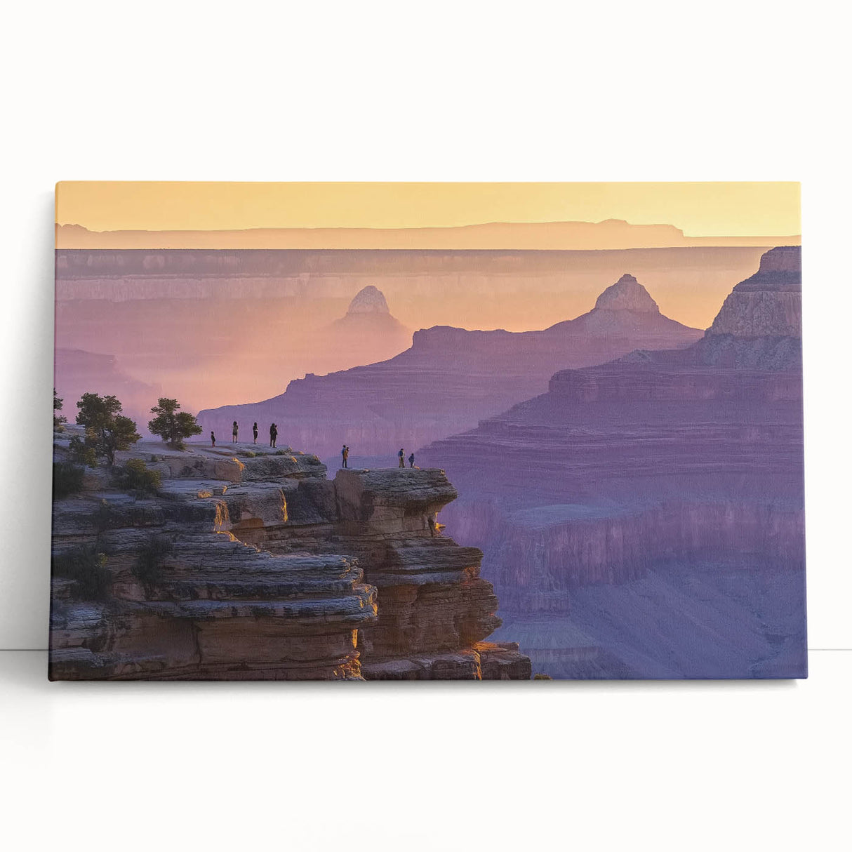 Stretched canvas artwork depicting a vibrant landscape of canyons, showcasing rich earthy tones and dramatic formations, ideal for home decor enthusiasts.