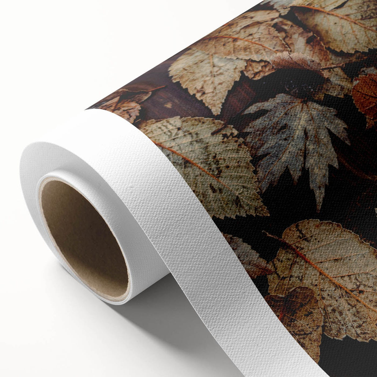 Art deco poster featuring a stylized fall landscape in warm orange and brown tones on rolled canvas.