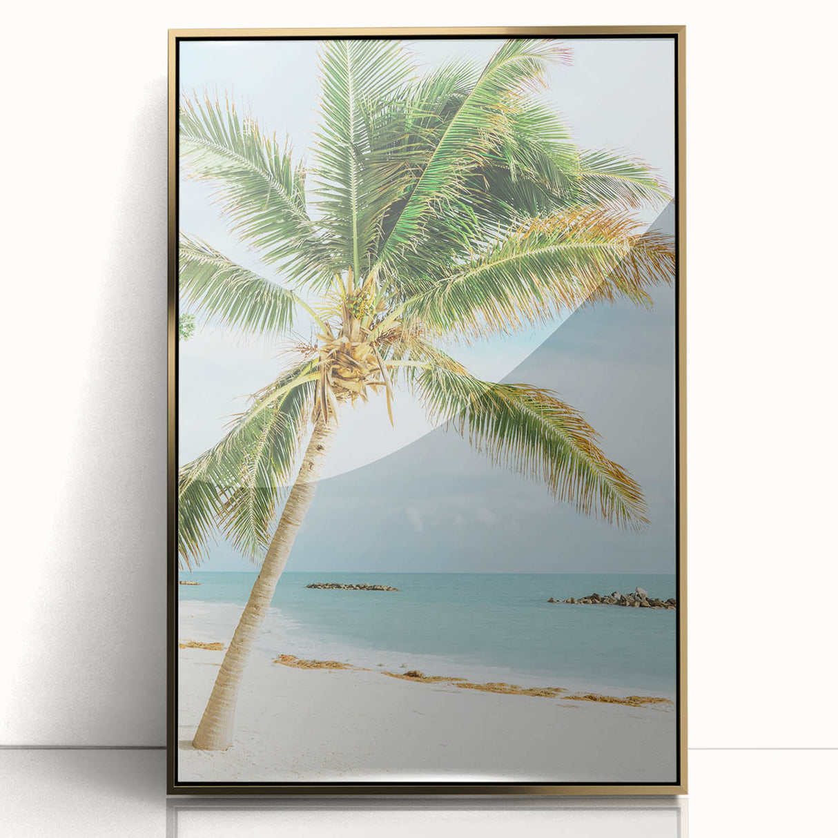 Large art print of a mid-century modernist summer scene in vibrant colors on a gold-framed acrylic.
