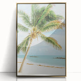 Large art print of a mid-century modernist summer scene in vibrant colors on a gold-framed acrylic.