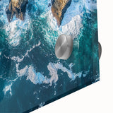 Close-up of an acrylic landscape artwork depicting vibrant cliffs and serene ocean waves, showcasing intricate textures and vivid colors, ideal for modern home decor.