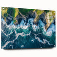 Acrylic glass artwork showcasing a stunning landscape scene with dramatic cliffs, presented in a side view and held by stylish pins, perfect for modern decor.