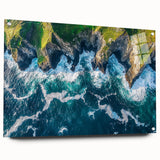 Acrylic glass artwork showcasing a stunning landscape scene with dramatic cliffs, presented in a side view and held by stylish pins, perfect for modern decor.