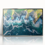 Framed acrylic artwork showcasing a stunning landscape of dramatic cliffs with silver accents, perfect for enhancing modern home decor.