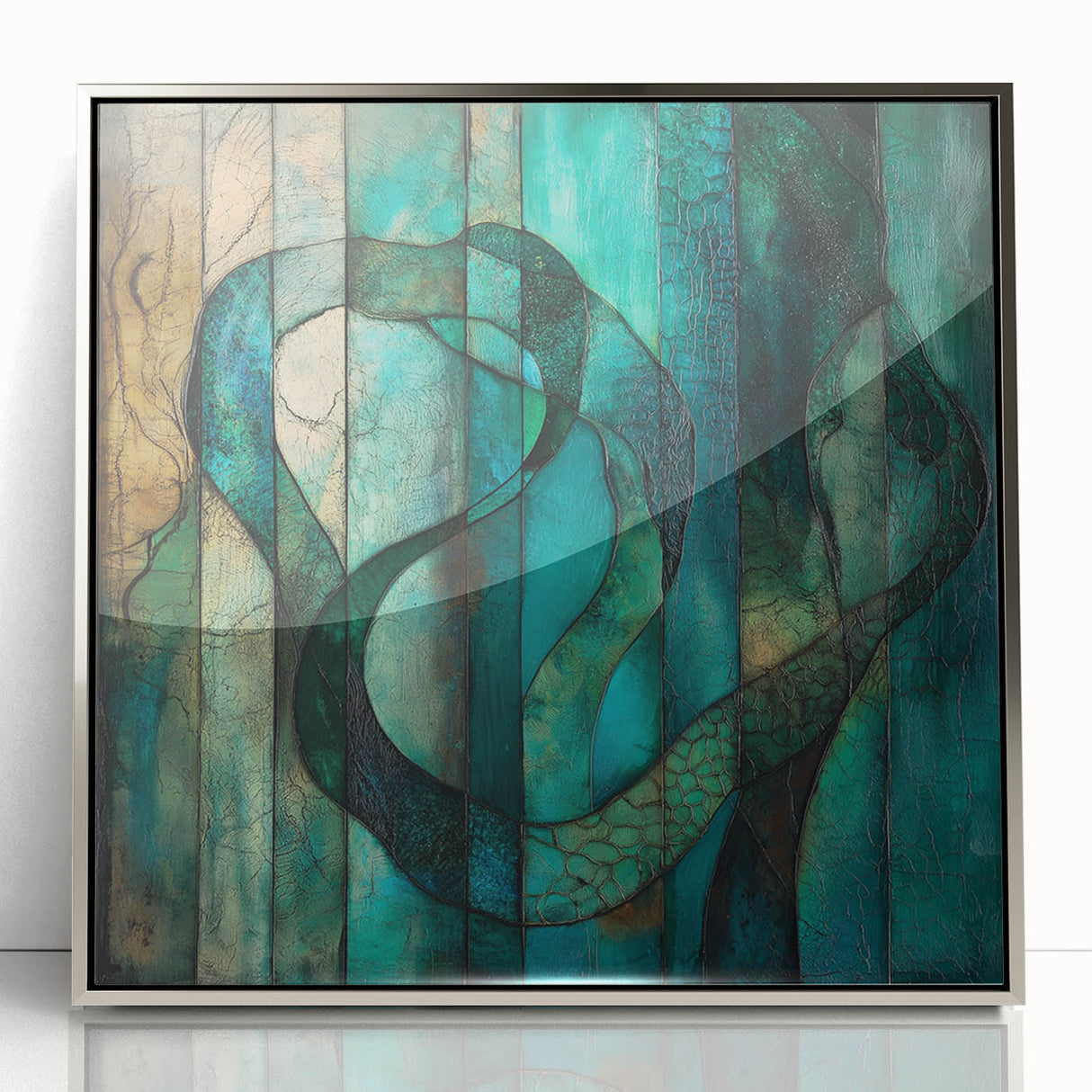 Framed abstract figurative art piece in silver acrylic, showcasing dynamic shapes and colors, ideal for modern home decor, enhancing any living space.