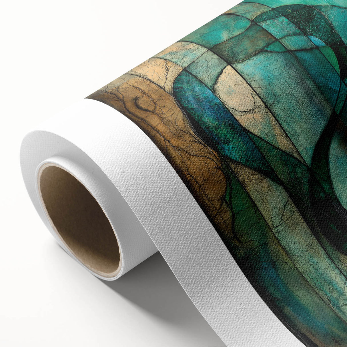 Abstract figurative rolled canvas artwork showcasing vibrant colors and dynamic shapes, presented in a protective cardboard tube, ideal for modern decor.