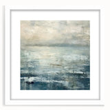 Abstract landscape wall art framed in white with a mat, showcasing serene mountains and a sunset in soft pastel colors, perfect for modern home decor.