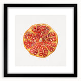Extra large abstract art print featuring colorful, textured fruits, in a black frame with mat, ideal for living room decor.
