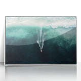 Framed acrylic artwork showcasing a serene beach landscape, featuring soft blue skies and gentle waves, presented in a sleek white frame for a modern aesthetic.