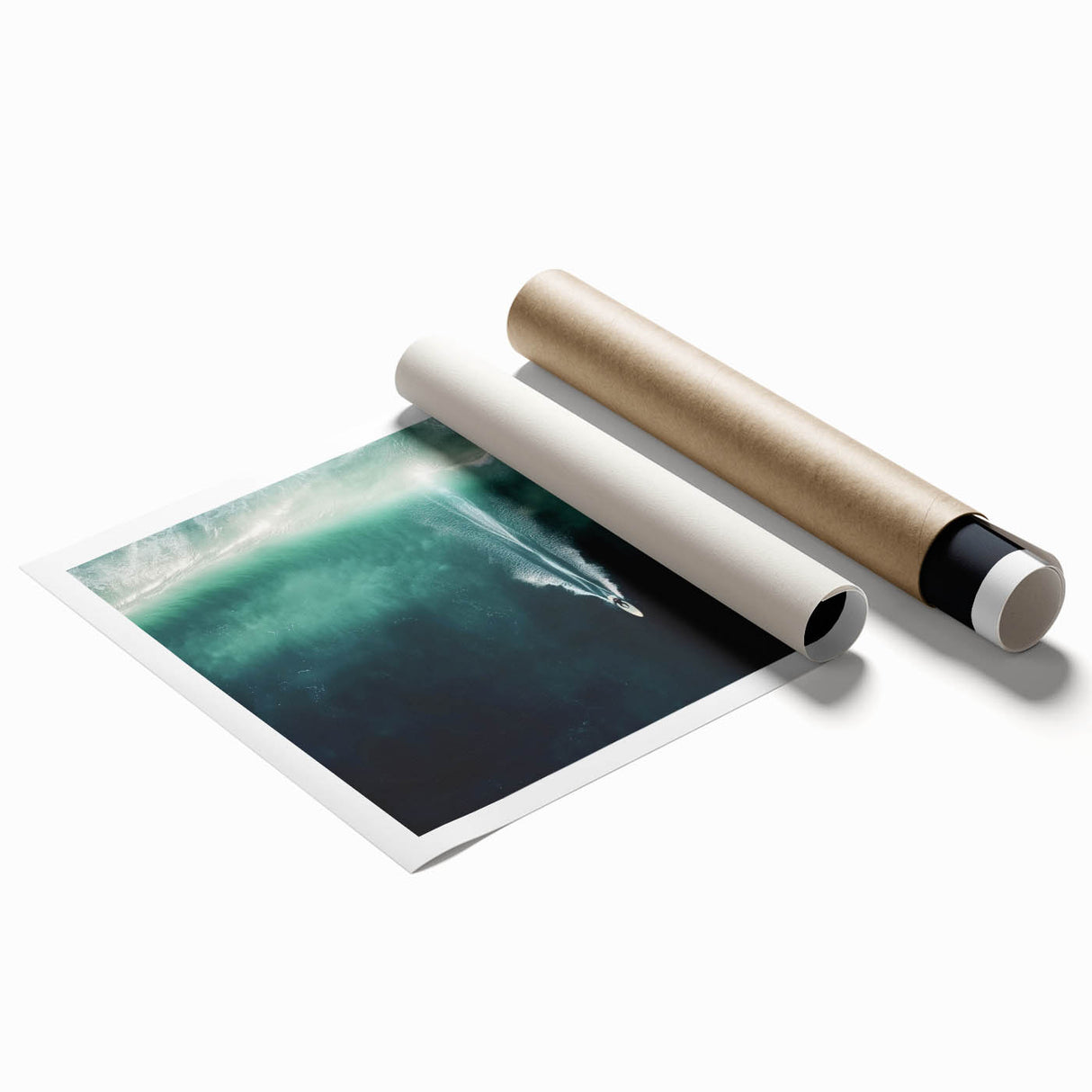 Vibrant rolled landscape print showcasing a serene beach scene with soft waves and sandy shores, elegantly packaged in a protective cardboard tube for art enthusiasts.