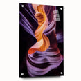 Landscape acrylic artwork depicting vibrant canyons in rich earth tones, showcased in a glass frame with stylish pins, perfect for modern decor.