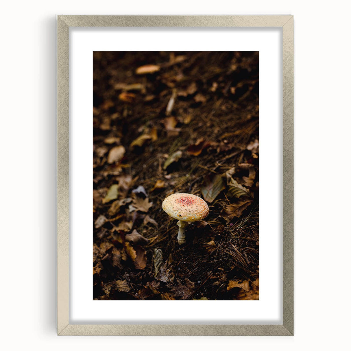 Textured abstract art print depicting autumnal colors in a silver frame, suitable for bedroom decor.