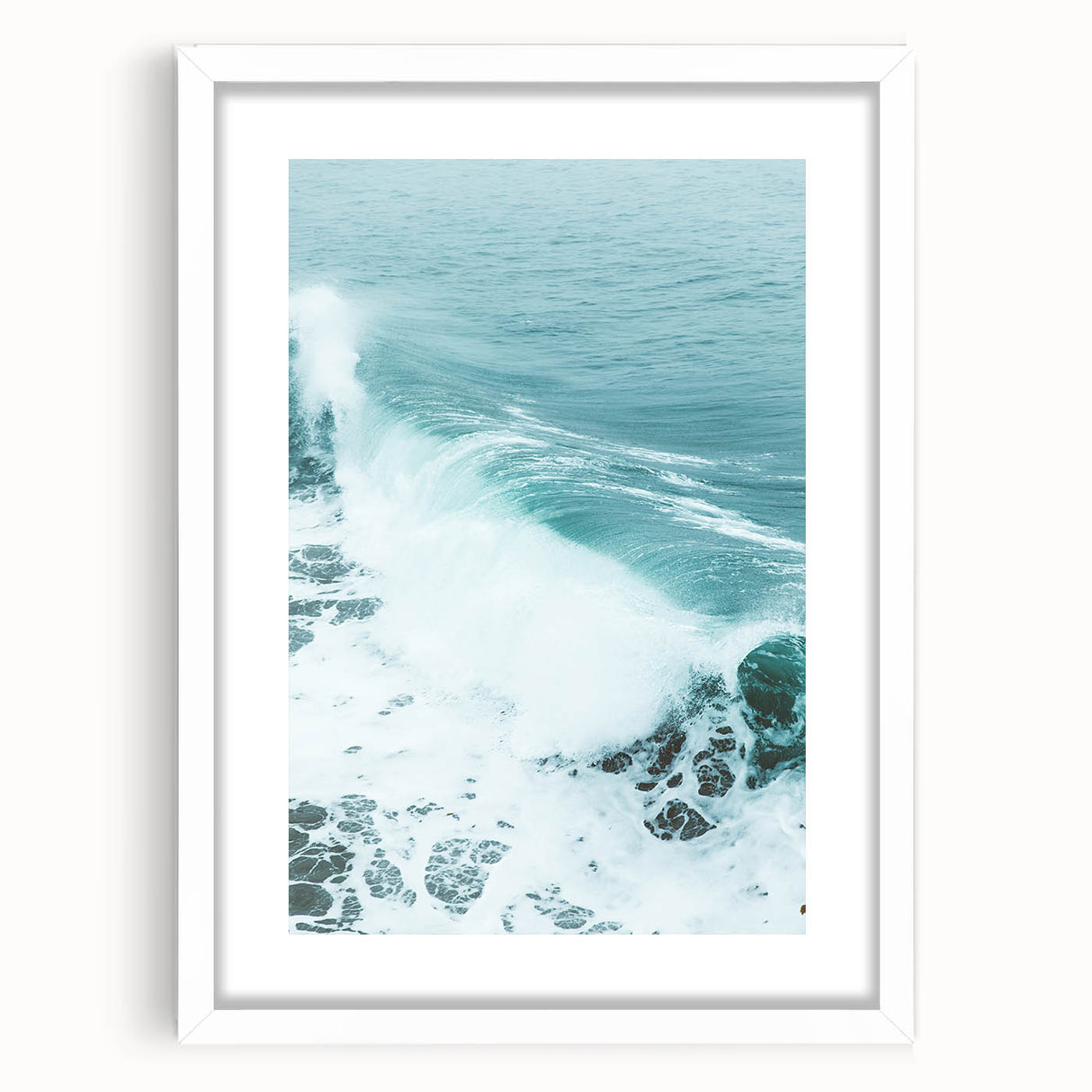 Abstract art print featuring swirls of blue and green on a white framed canvas, suitable for dining room or bedroom decor.