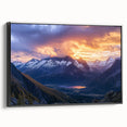 Framed canvas artwork showcasing a stunning landscape of dramatic cliffs, presented in a sleek black frame, ideal for enhancing modern home decor.