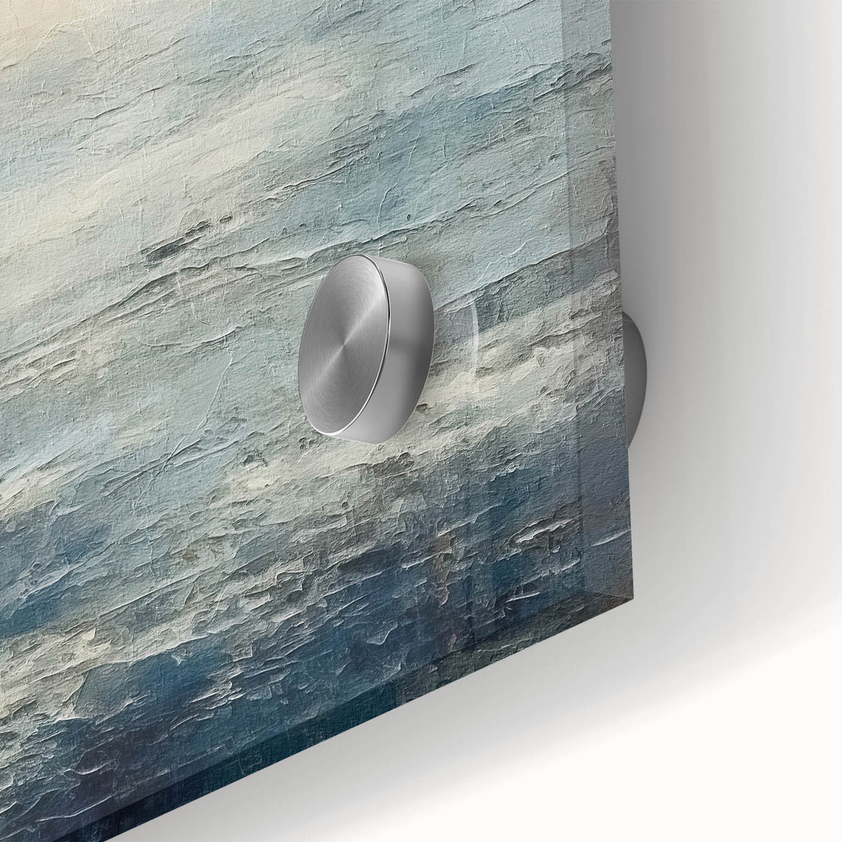 Close-up of an abstract landscape wall art piece, featuring vibrant colors and intricate details on acrylic glass, perfect for modern home decor.