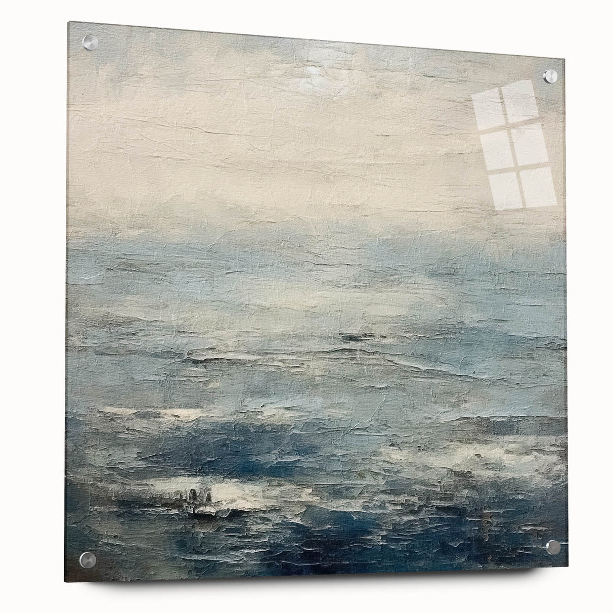Abstract landscape wall art featuring vibrant colors and intricate textures, displayed in a sleek acrylic glass frame, highlighting its modern design and craftsmanship.