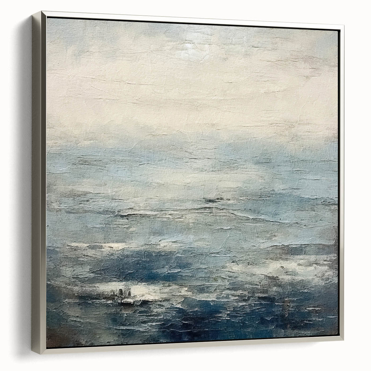 Framed abstract landscape wall art in silver showcases vibrant colors and intricate textures, perfect for modern home decor. Side view highlights its elegant finish.