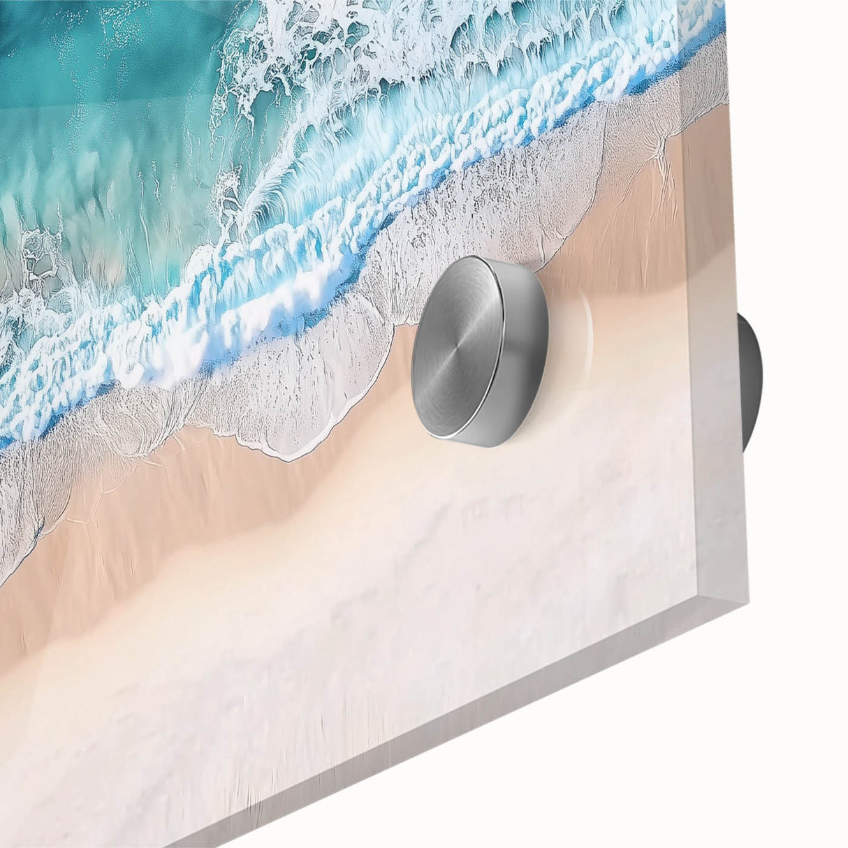 Close-up of an abstract landscape acrylic art piece depicting serene beaches, featuring vibrant blues and soft sand tones, ideal for enhancing coastal decor.