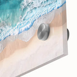 Close-up of an abstract landscape acrylic art piece depicting serene beaches, featuring vibrant blues and soft sand tones, ideal for enhancing coastal decor.