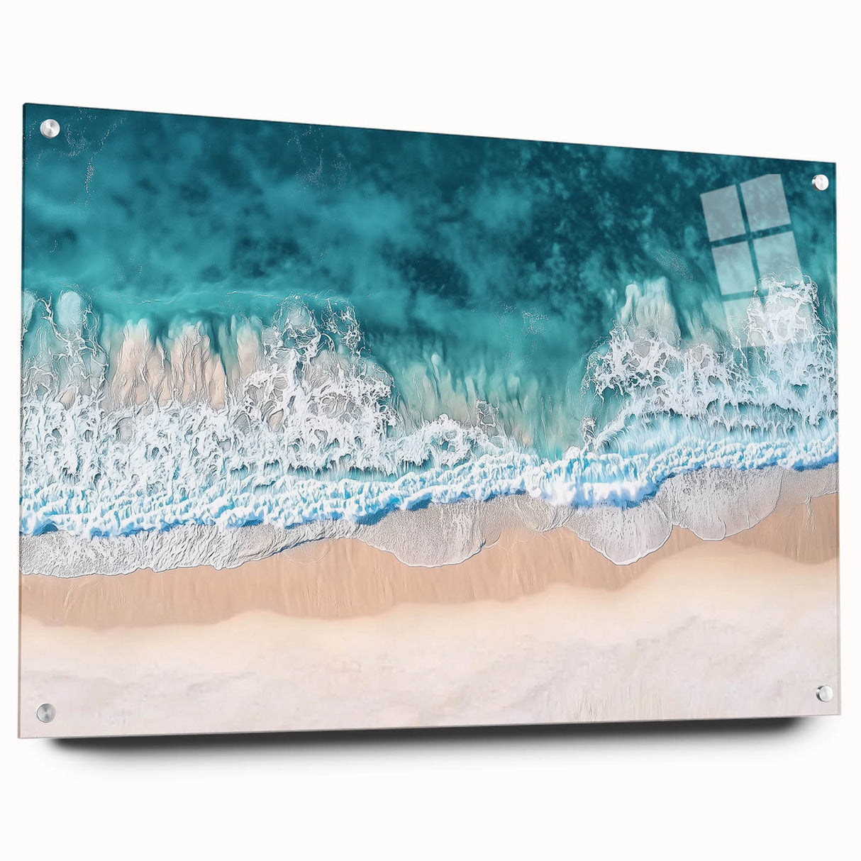 Acrylic landscape artwork showcasing a vibrant beach scene, displayed from the side with decorative pins. Ideal for modern home decor, adding a coastal aesthetic.