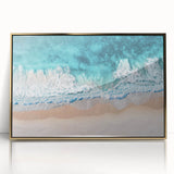 Framed acrylic artwork showcasing a vibrant beach landscape with golden hues, ideal for coastal-themed decor, adding a touch of elegance to any space.