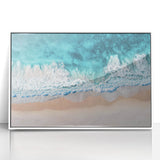 Framed acrylic artwork of a serene beach landscape, featuring soft pastel colors and gentle waves, ideal for enhancing coastal home decor aesthetics.