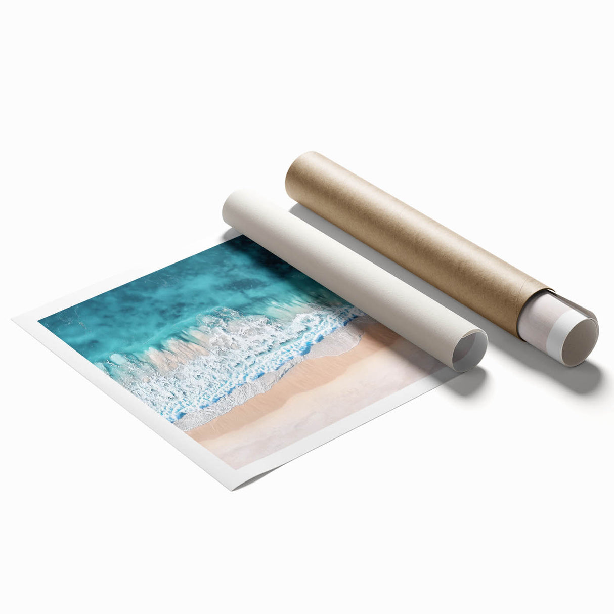 Stunning landscape print of serene beaches featuring soft pastel colors, beautifully rolled for easy display, perfect for coastal home decor or gallery walls.