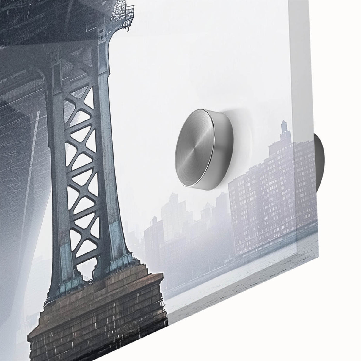 Close-up view of a landscape bridge design printed on acrylic glass, showcasing vibrant colors and intricate details, ideal for modern home decor.