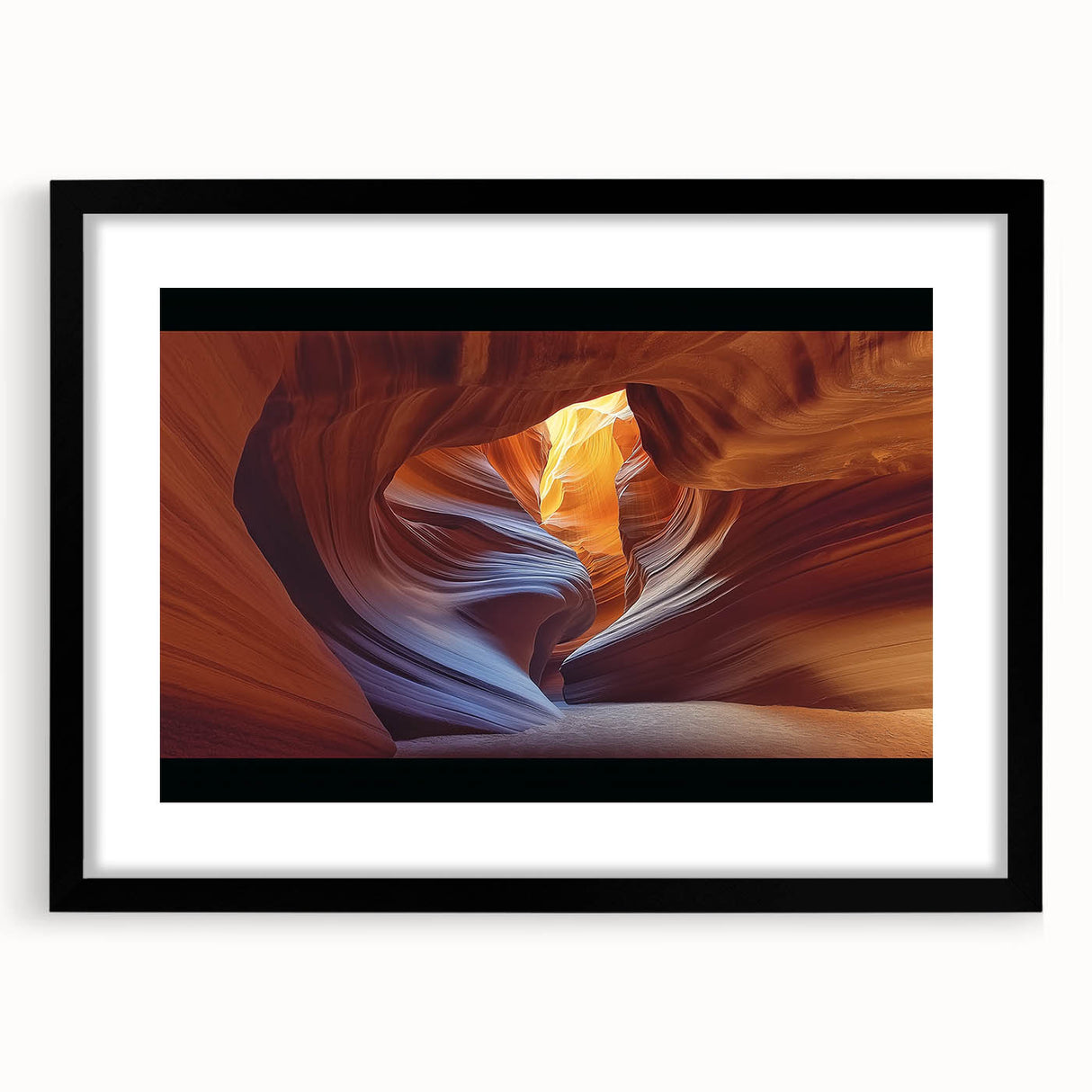 Landscape art print depicting a scenic canyon view, framed with a sleek black mat and showcasing vibrant earthy tones, ideal for home decor.