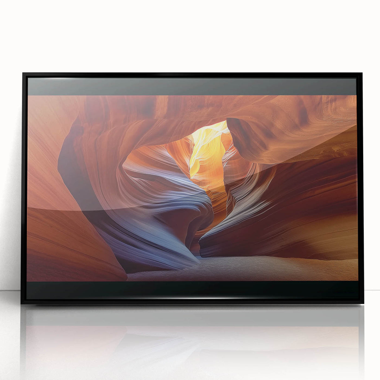 Framed acrylic artwork showcasing a vibrant landscape of canyons with a black frame, highlighting rich colors and intricate details, perfect for home decor.