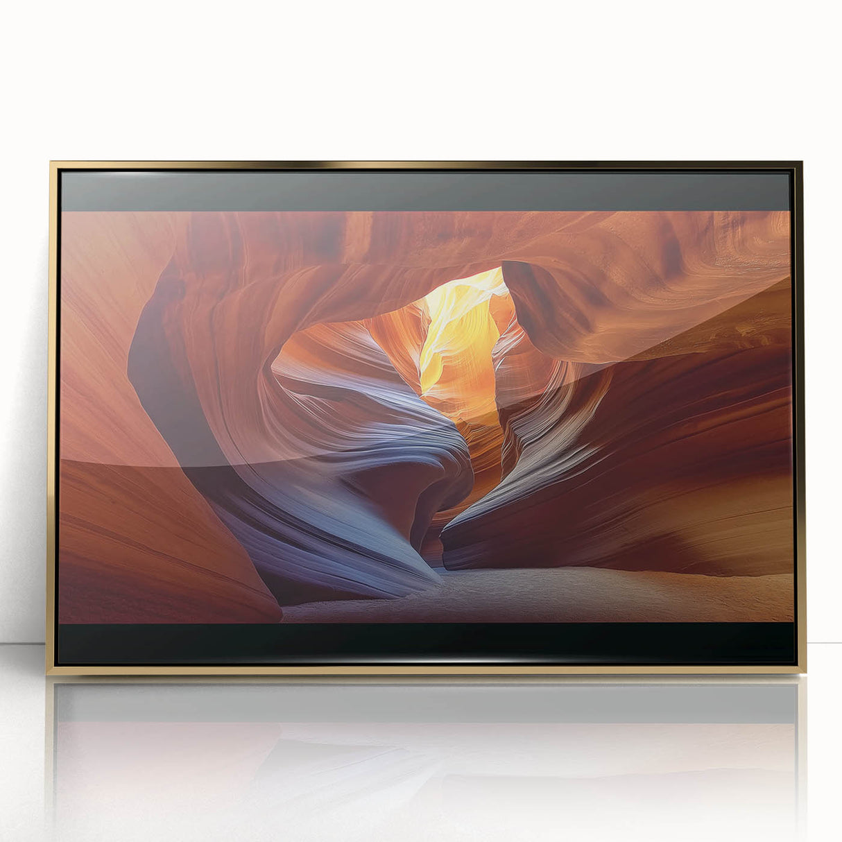 Framed acrylic artwork depicting a stunning landscape of golden canyons, showcasing rich textures and vibrant colors, perfect for modern home decor.