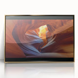 Framed acrylic artwork depicting a stunning landscape of golden canyons, showcasing rich textures and vibrant colors, perfect for modern home decor.