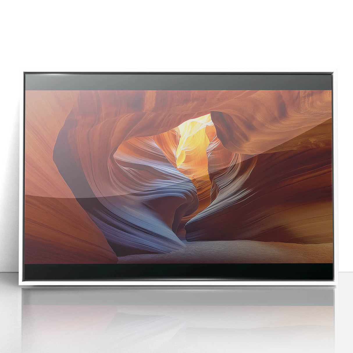 Framed acrylic landscape artwork showcasing vibrant canyons in rich earth tones, presented in a sleek white frame, ideal for modern home decor or office spaces.