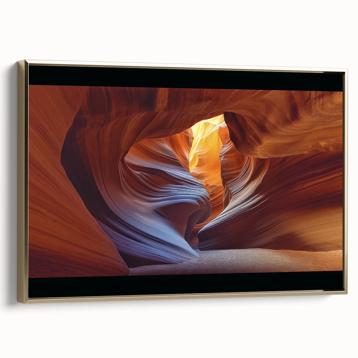 Framed canvas artwork depicting a stunning landscape of canyons with rich earthy tones and golden frame, perfect for enhancing modern home decor.