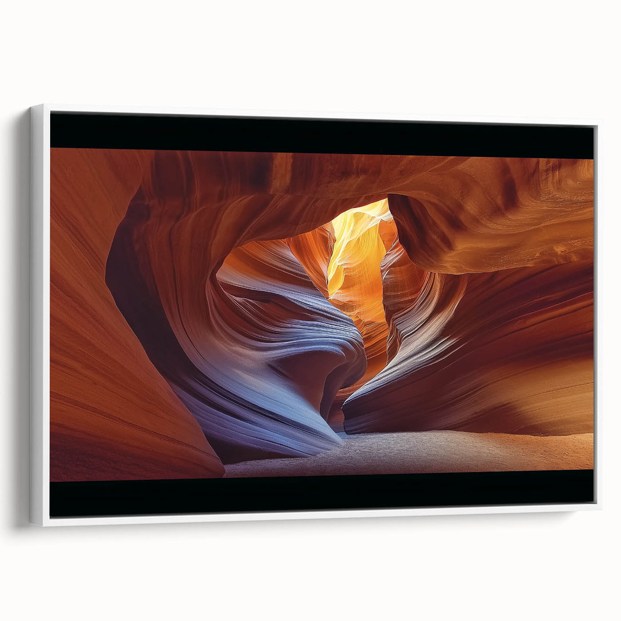 Framed landscape canvas showcasing a stunning canyon view with rich earthy tones, presented on a sleek white frame, perfect for home decor and art enthusiasts.