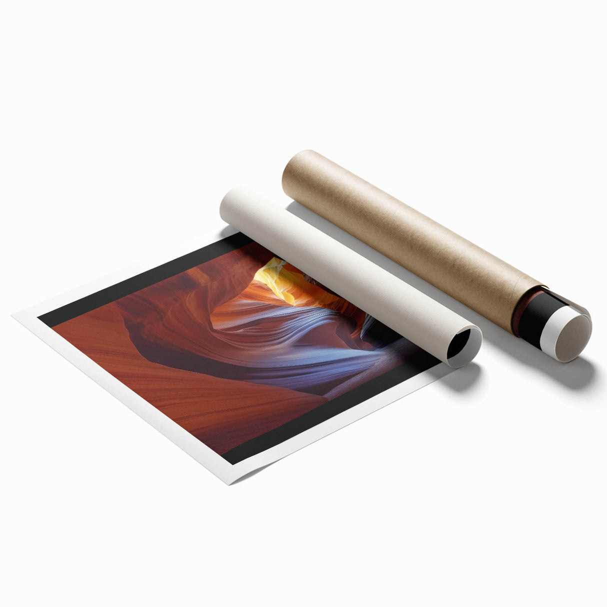 Vibrant landscape print of rocky canyons in warm earth tones, rolled and ready for framing, showcasing the natural beauty and rugged textures of the terrain.