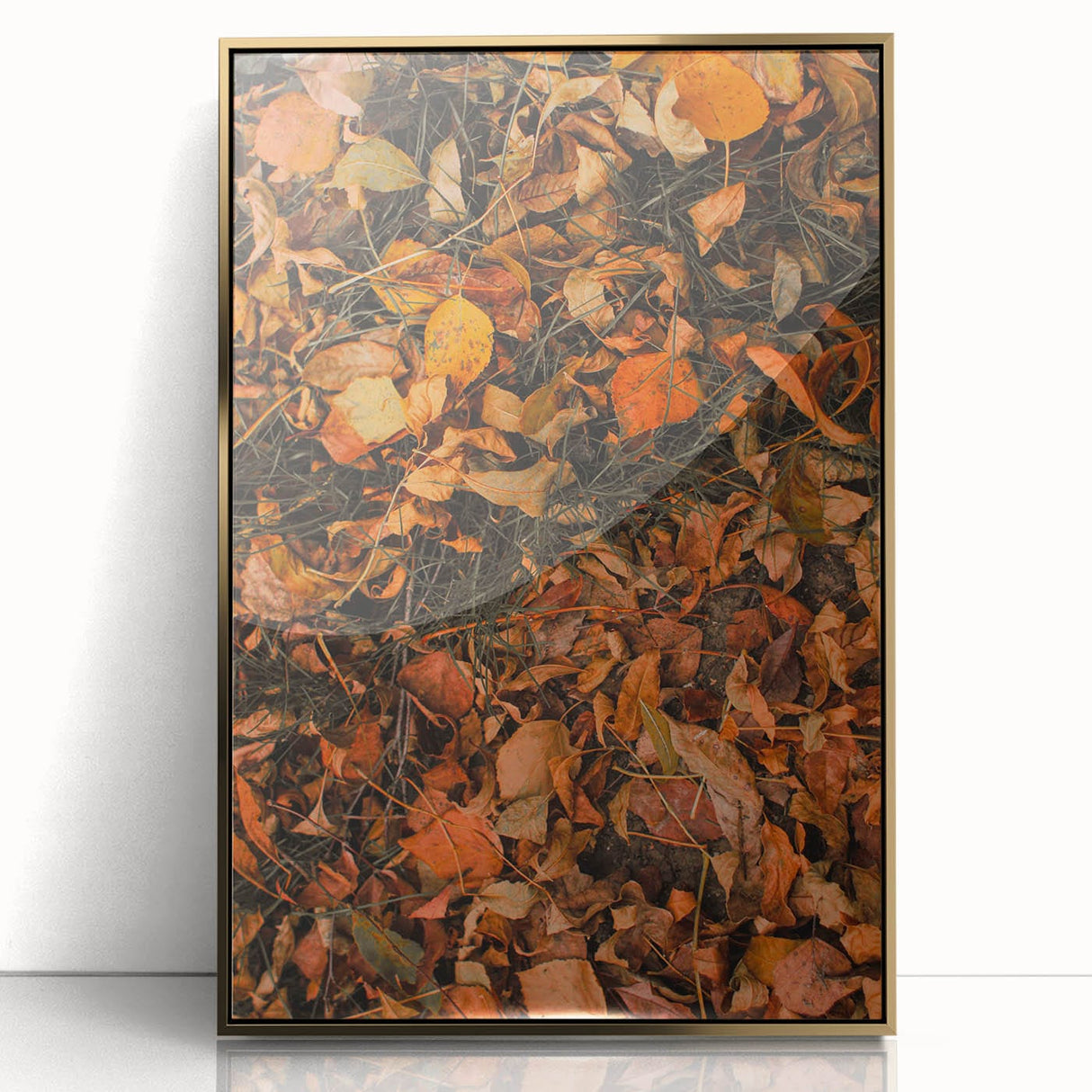 Large art print of a mid-century modernist fall scene in gold tones, framed acrylic, ideal for modern art wall decor.